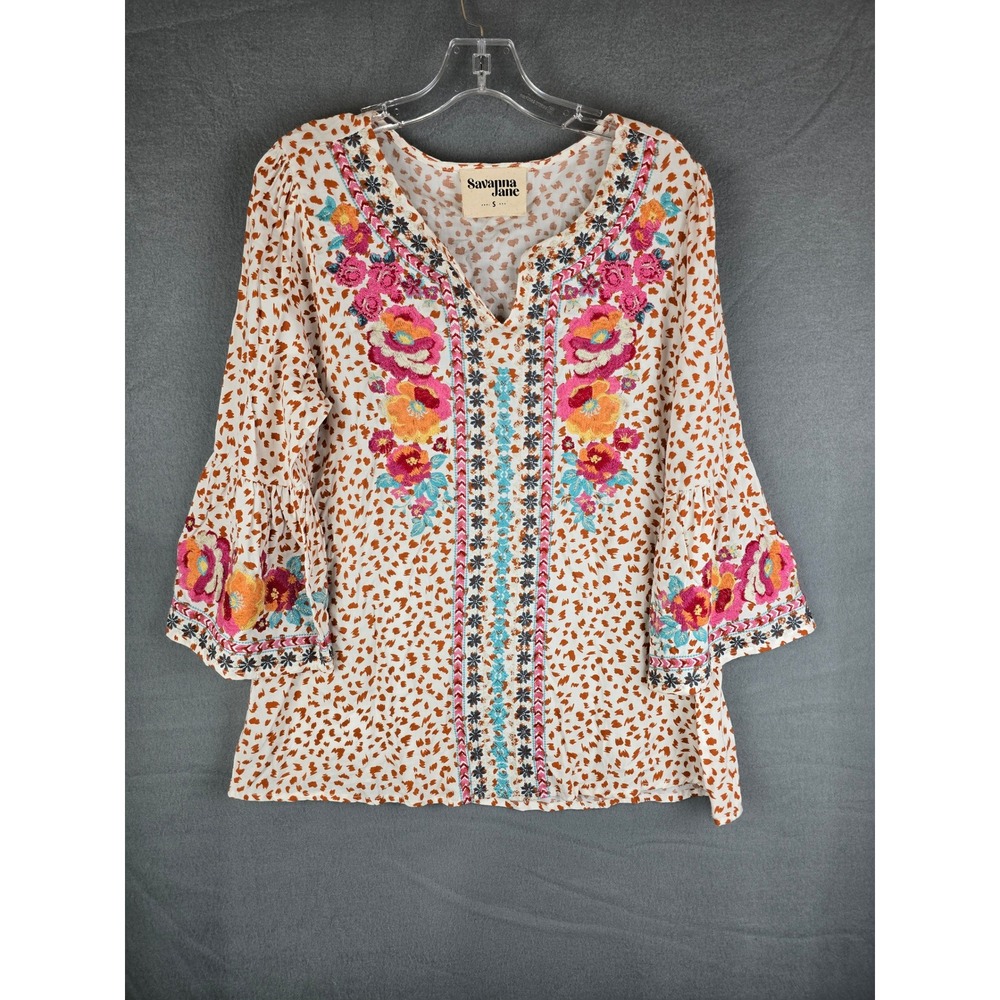 Savanna Jane Blouse Women S White Orange Animal Print Floral Embroidered Boho